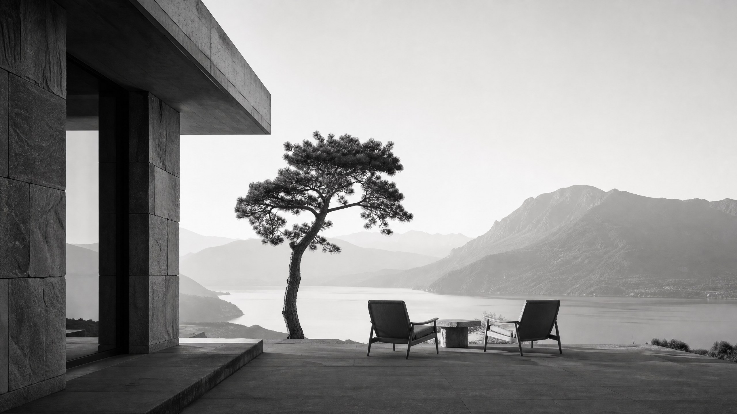 Illustrative quiet terrace with a view over still water